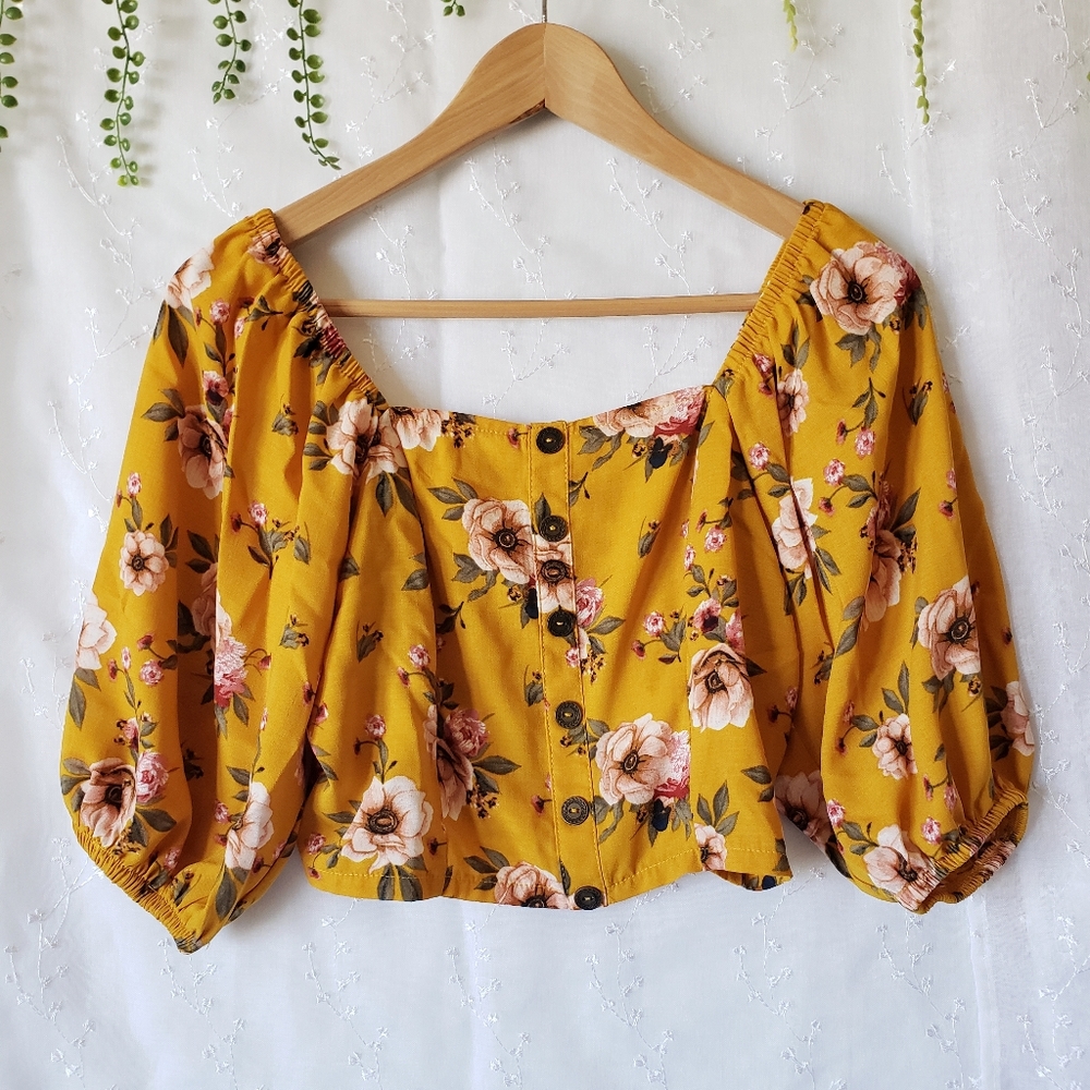 Floral Orange Square Neck Puff Sleeve Crop Top